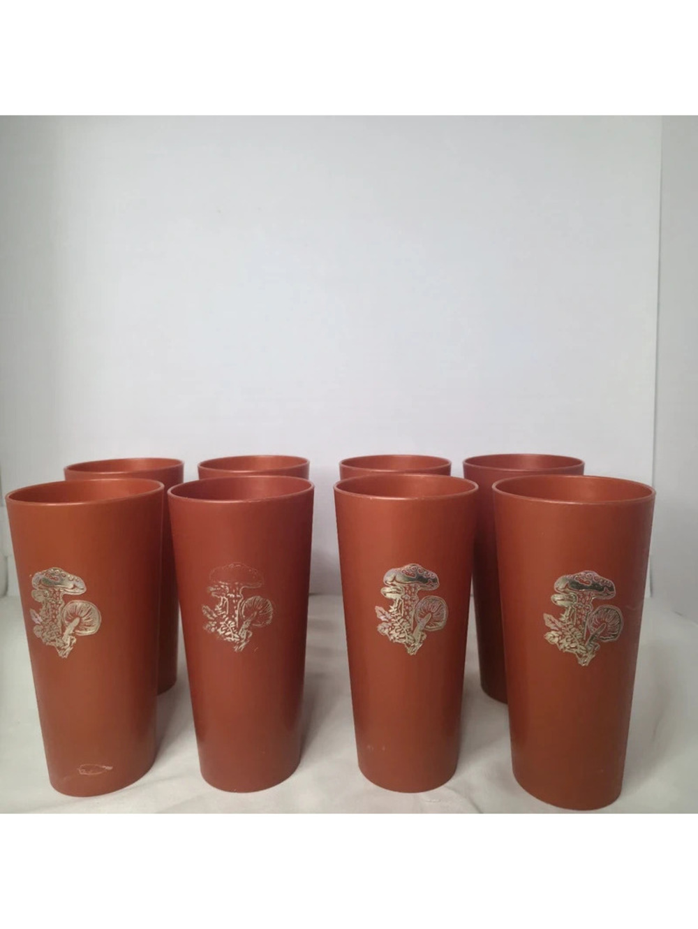 Vintage 1970s Mushroom Plastic Tumblers Set of 8 Retro MCM Orange Brown